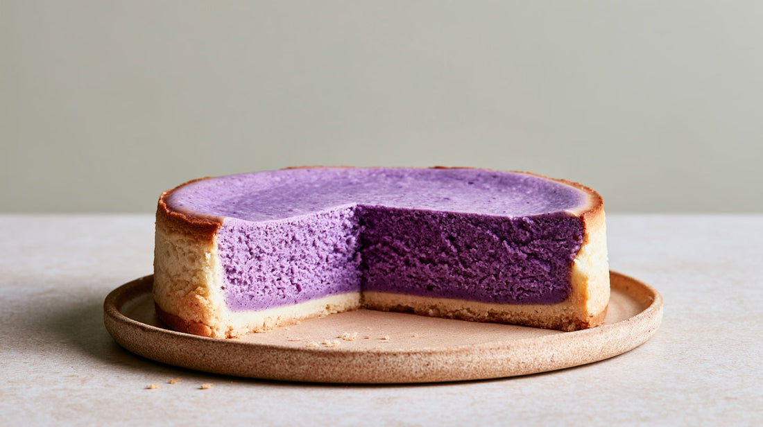 Cheesecake crémeux à l'ube avec une part découpée révélant sa garniture violette.